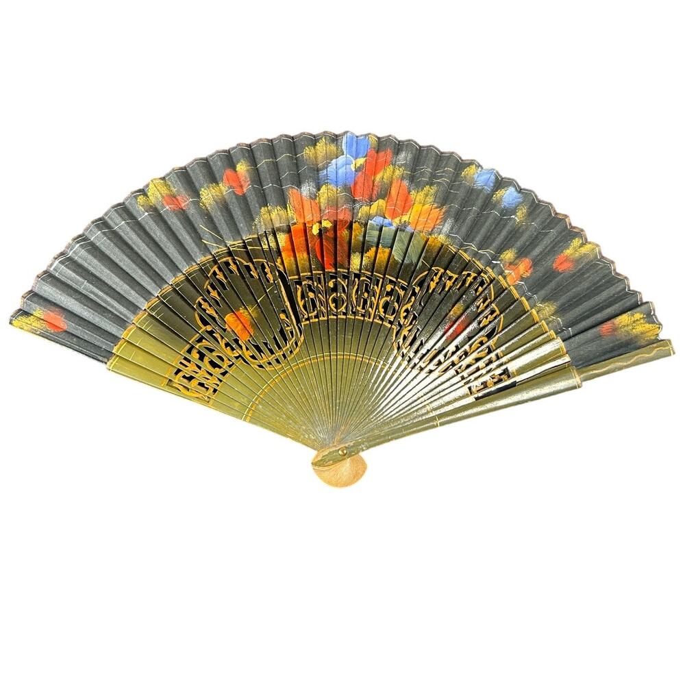 wooden hand painted- Vtg Spanish fan fabric ends floral- 16 inches extended